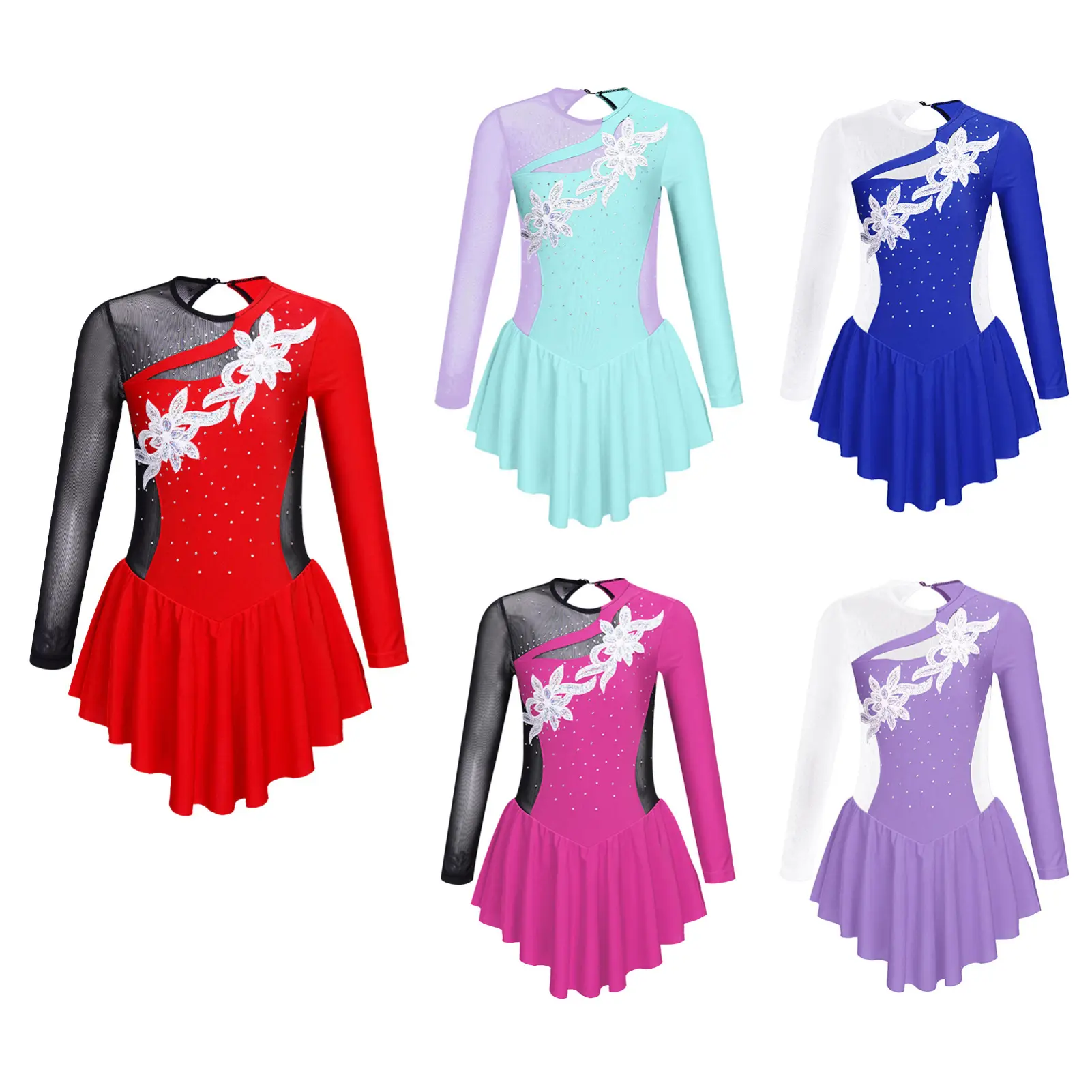 Kids Girls Clothing Long Sleeve Flower Rhinestone Figure Skating Dance Dress