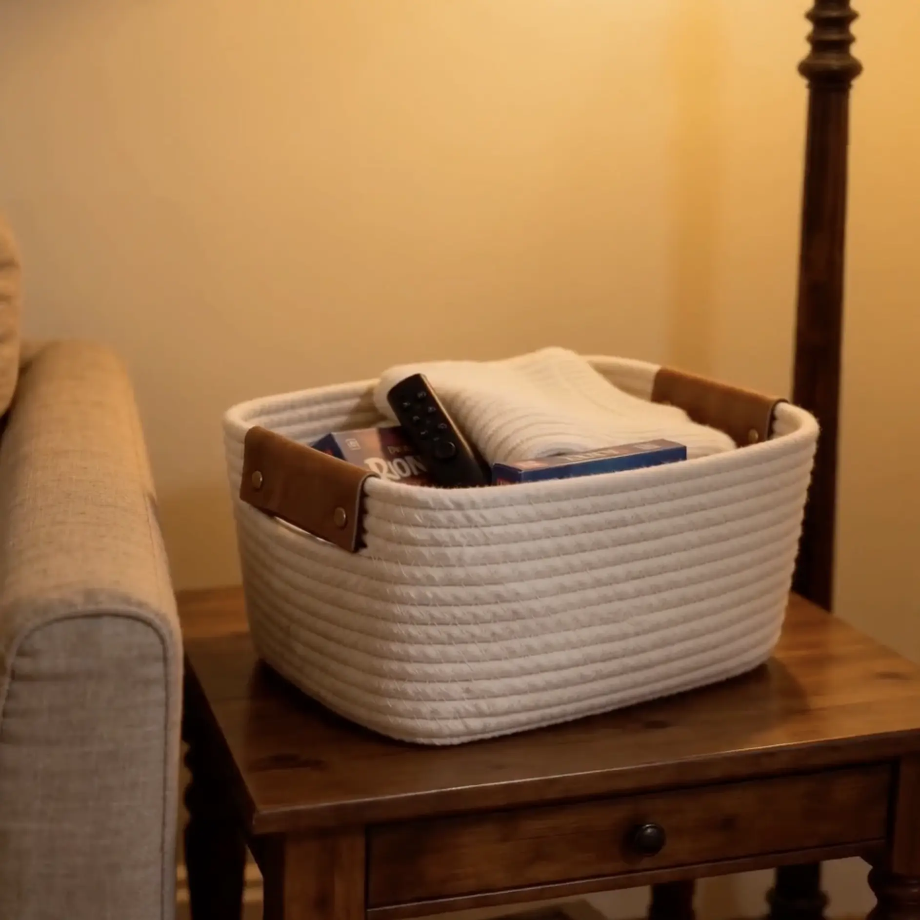 3pcs Handwoven Cotton Rope Storage Basket with Leather Handles - Multipurpose Organizer for Living Room, Kitchen - Farmhouse Home Decor, Baskets for Gifts, Gift Basket, Shelf Baskets