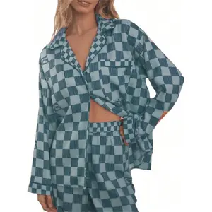 Womens 2 Piece Pajama Set Long Sleeve Checkered Print Button Up Shirt + Pants Set Sleepwear Loungewear