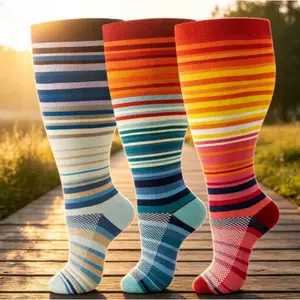Large Size Compression Socks 3 Pairs Unisex Breathable Elastic Thick Leg Support Floral Pattern Stylish & Durable Everyday Comfort Sports & Daily Use.