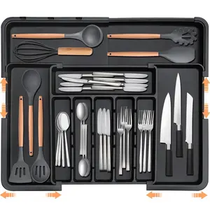 Kitchen Utensil Drawer Organizer Expandable – BPA-Free Plastic Silverware Tray for Cutlery Storage, Adjustable In-Drawer Organizer for Spoons, Forks & Knives