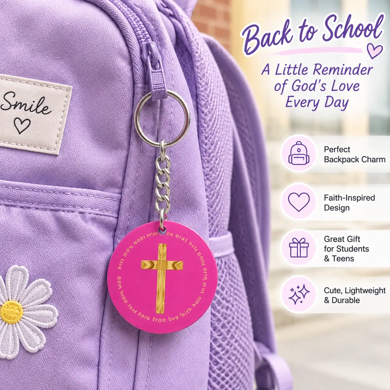 Christian Backpack Charm Keychain for Students & Teens, Cute Faith Bag Accessory for School and Everyday Use, Tap for Daily Bible Verses, Back to School Gift