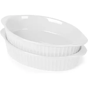 Porcelain Small Oval Au Gratin Pans, Baking Dish Set for 1 or 2 person servings, Bakeware with Double Handle for Kitchen and Home, Set of 2 (White)