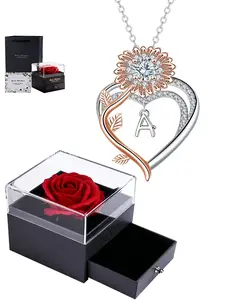 Sunflower Heart Initial Pendant Necklace, Elegant Double Layered Heart Initial Necklace Gift rose Box Included, Perfect for give to Mom Wife Girlfriend, Love Heart Necklace