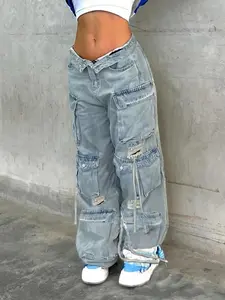 NVFelix Women's Baggy Cargo Pants Y2K Clothing Multi-Pocket Relaxed Fit Jeans Fairy Grunge Clothes Distressed Jean