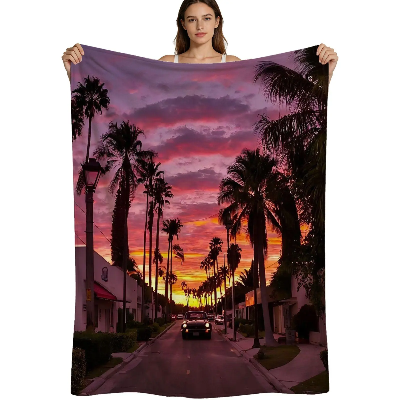 Tropical Sunset, Warm Flannel Blanket, Palm Tree Silhouette Design, Soft Brushed Fabric Texture, For Beach House Decor And Cozy Evenings, 4 Sizes Available, Single Pack