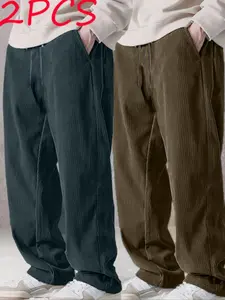 Men's Three-Piece Set Blue Coffee Striped Wide-Leg Corduroy Textured Pants, Casual Fitted Drawstring Waist, Fall & Winter Fashion Trouser