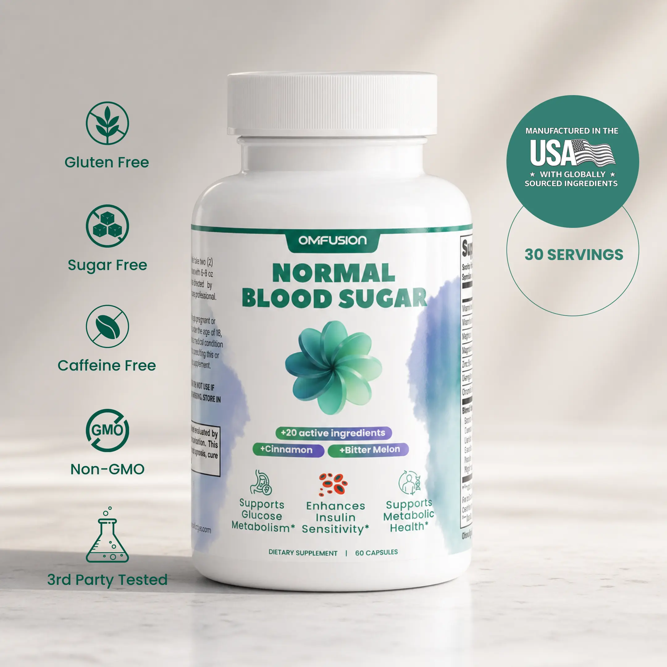 OM FUSION Normal Blood Sugar Capsules with Chromium, Cinnamon, Bitter Melon, Gymnema, Banaba and Alpha Lipoic Acid