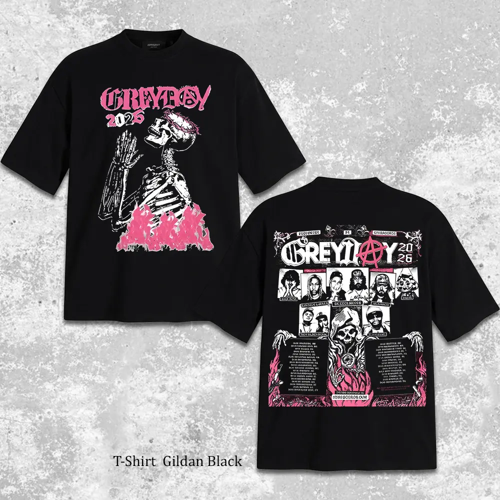 Women's Fitted Short-Sleeve T-Shirt - Grey 2026 G59 Tour Punk Rock Skeleton Prayer Dark Aesthetic Streetwear, Anarchy Graphic Back Print Casual Unisex Rapper Merch Gift Piece For Fans