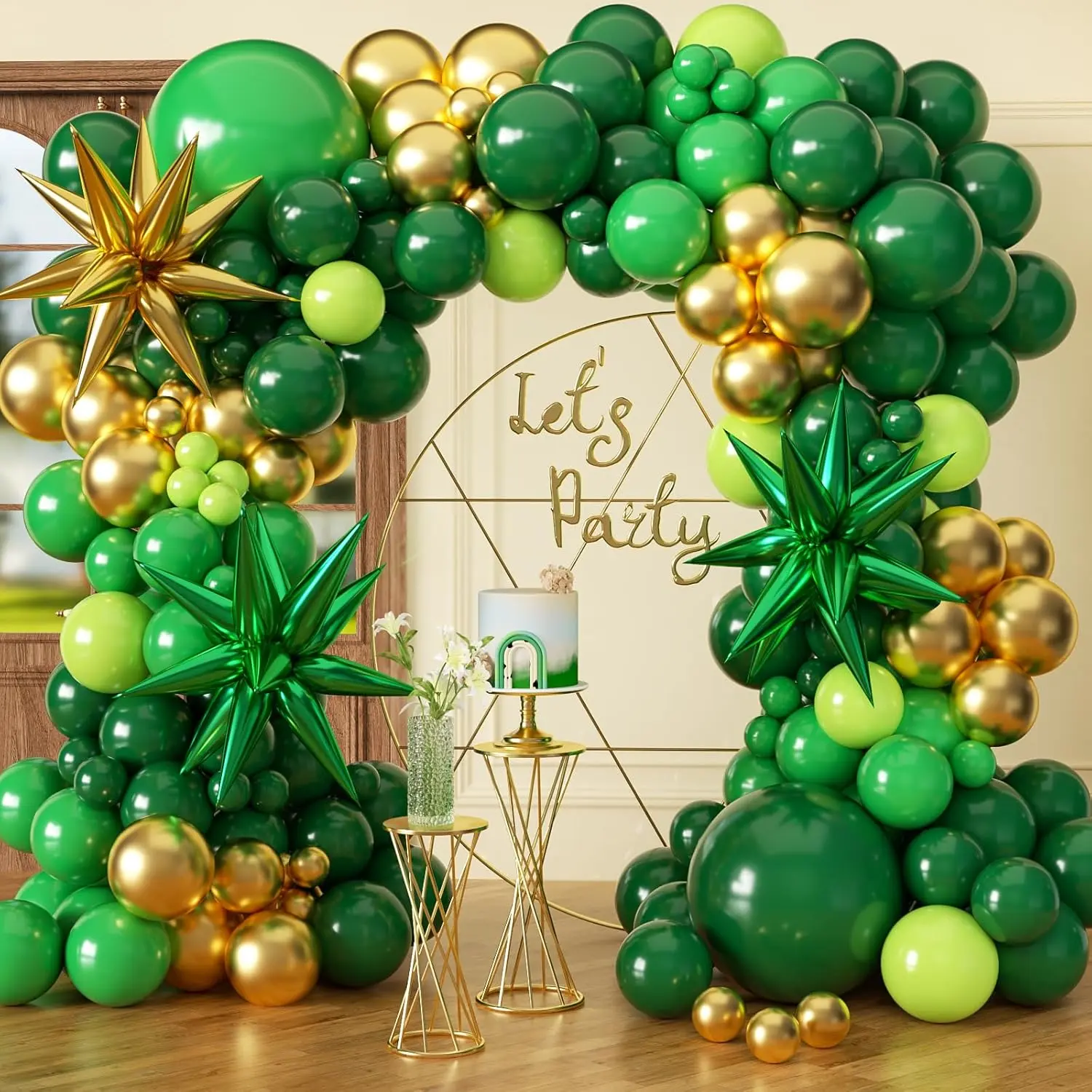 Green And Gold Balloon Garland Arch Kit, Dark Pastel Green Gold Balloons For Birthday Party Back To School Jungle Safari Baby Shower Luau Hawaiian Pool Party Anniversary Decorations