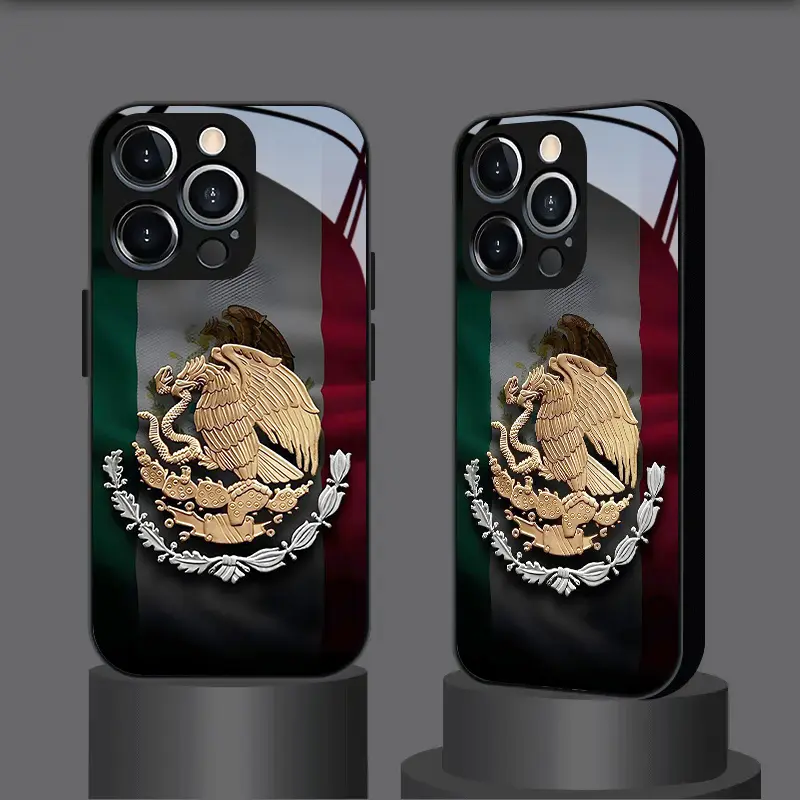 Upgraded Magnetic Wireless Charging Glass Cellphone Case - Fashionable New Mexican Golden Eagle Emblem Printed Casing, Shockproof Hard Glass Accessories for iPhone 12-17, 11 Plus, Pro Max Handheld Devices,aesthetic