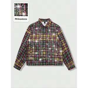 Men's plaid shirt, adorned with rhinestones, long sleeves, American urban style.