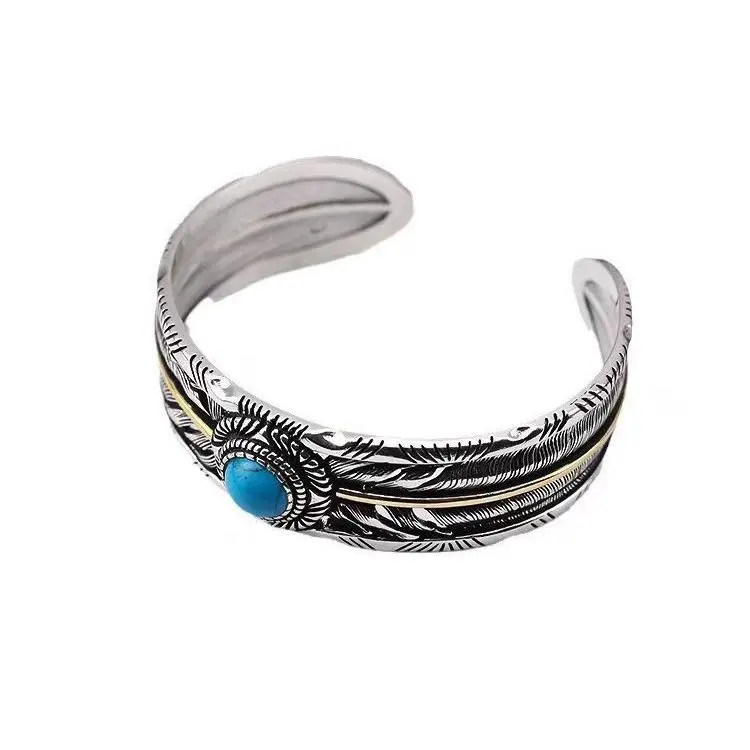 Elegant Feather Cuff Bracelet with Turquoise Stone, Vintage Bohemian Adjustable Bangle for Men and Women - Father's Day Gift, 30G