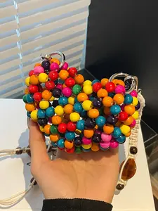 Random Color Beaded Decor Crossbody Bag, Fashionable Handmade Knitted Bag for Women & Girls, Casual Trendy Versatile High-quality Daily Commuting Bag