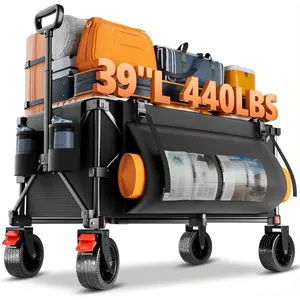 39" L Collapsible Wagon Cart, 220L Large Capacity and 440Lbs Heavy Duty, Lightweight 15lbs Folding Garden Cart with Silent -Terrain Wheels for Beach, Camping Grass and Grocery, Black