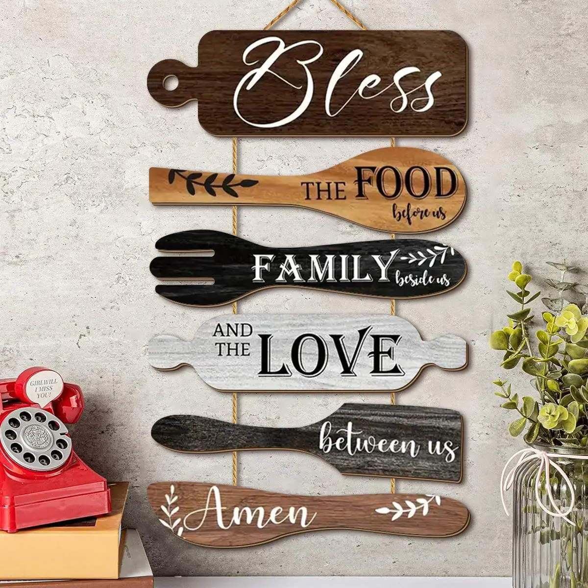 6Pcs Farmhouse Kitchen Decor Bless The Food Before Us Dining Room Wall Decor Rustic Wooden Roped Sign Country Collage Wall Art Kitchen