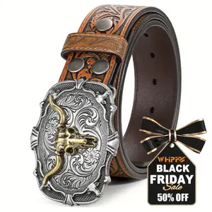 WHIPPY 1pc Men's Western Leather Belt, Cowboy Embossed Belts with Longhorn Bull Pattern Buckle for Jeans Pants