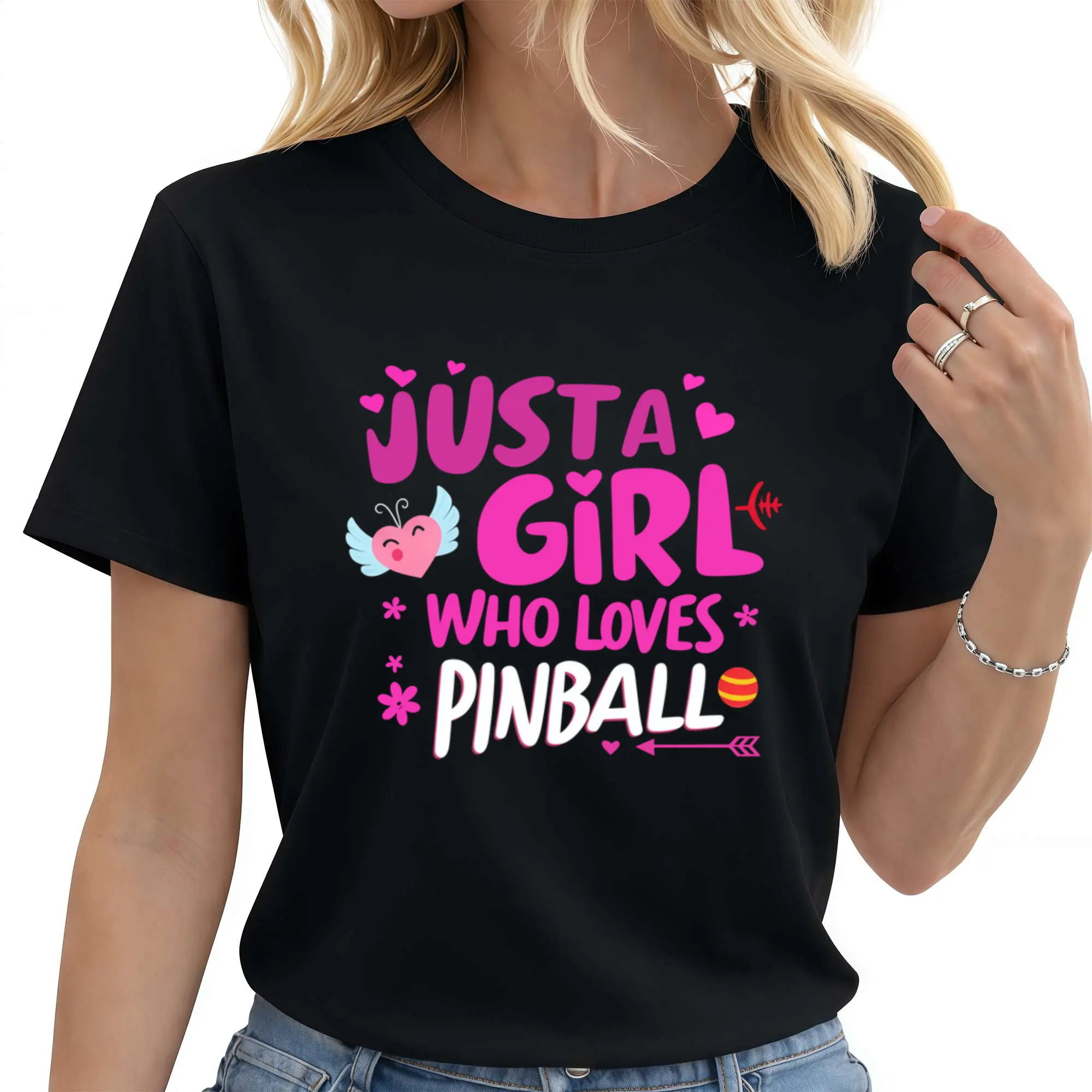 Women's Retro Pinball Machine T-Shirt - Just A Who Loves Pinball Graphic Tee, Arcade Game Design Short Sleeve Crewneck Top for Casual Wear & Pinball Parties - Funny Gamer Apparel