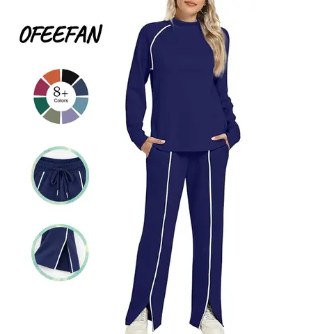 OFEEFAN Women's 2 Piece Lounge Set 2026 Fall Outfits Wide Leg Pant Matching Sets Casual Sporty Soft Fabric Pockets Suits
