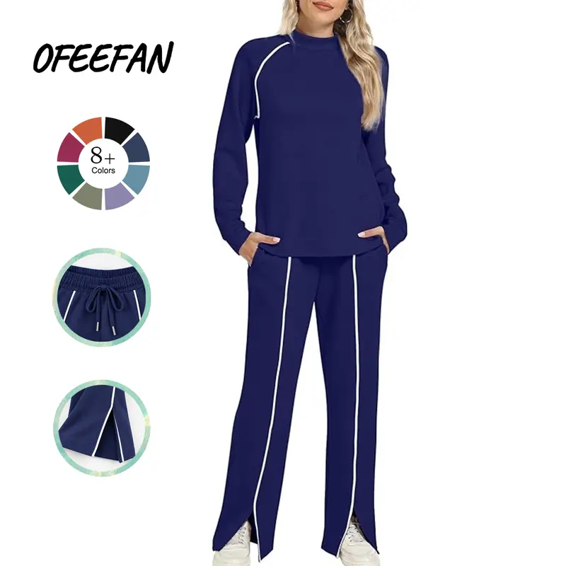 OFEEFAN Women's 2 Piece Lounge Set 2026 Fall Outfits Wide Leg Pant Matching Sets Casual Sporty Soft Fabric Pockets Suits
