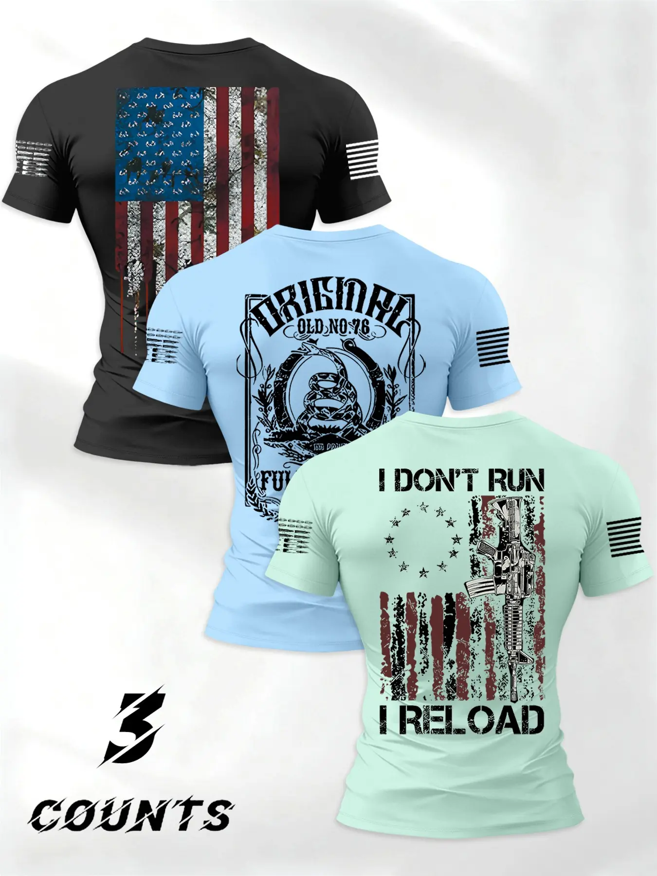 Men's 3-Piece Short Sleeve Set, Soft Fashion Streetwear American Flag Print T-Shirt Top, Patriotic Essential, Daily Wear, Perfect Gift, Durable High-Quality Design