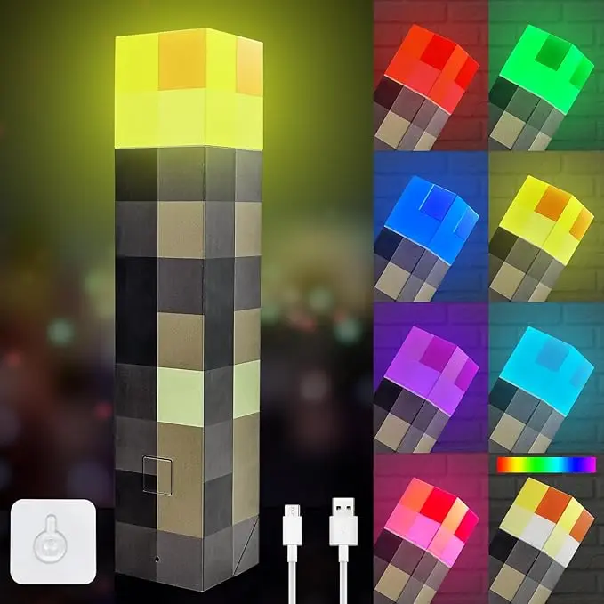 Rechargeable USB Pixel Torch LED Light - 7 Color Modes, Handheld Decorative Night Light for Bedroom, Gaming Room, Party Supplies & Home Decor Gifts