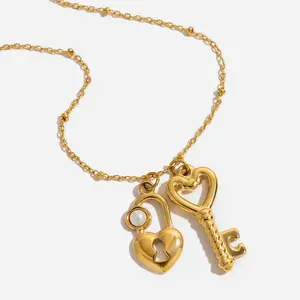 Minimalist Best Friend Necklace in Stainless Steel & Acrylic with Pearl Heart Lock Keychain Pendant and Beaded Chain