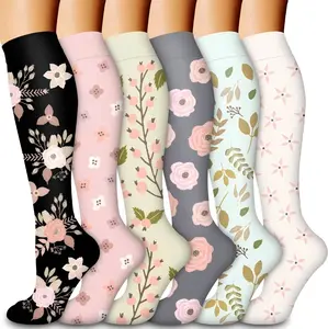 6 Pairs of Floral Compression Socks for Running and Sports - Breathable Cotton Socks with Anti-Slipping and Friction Design,Running,Travel & Circulation