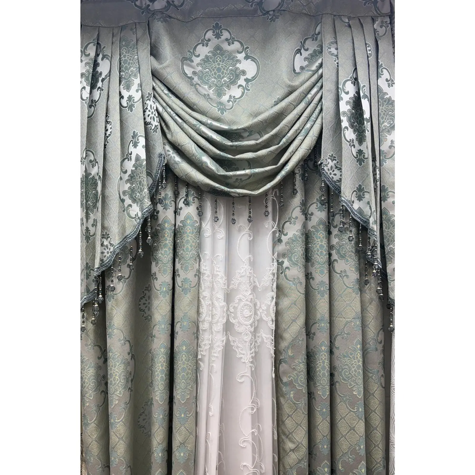 Tina 5 Piece Aqua Luxury Curtain Set for 39 Inch Window | Small Window Curtain Set