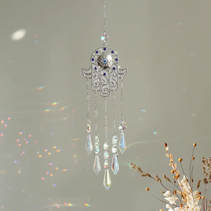 Crystal Sun Catcher, 1PCS Evil Eye Suncatcher with Hamsa Hand, Handmade Rainbow Maker Indoor Outdoor Decor for Window Bedroom Courtyard Garden, Bless Gift Artificial Crystal Hanging Decoration