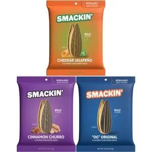 SMACKIN’ Sunflower Seeds 3-Flavor Variety Pack - 4oz Bags (Cheddar Jalapeño, OG Original, Cinnamon Churro) Snack Seeds