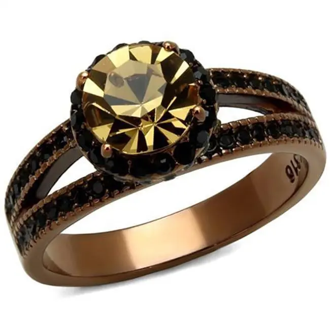 212 MAIN Women's Elegant Rhinestone Ring - Size 8, Adults' Modern IP-Coated Stainless Steel Coffee-Toned Jewelry, Top Grade IP Coffee Light Smoked Crystal Accent, Fashion Ring