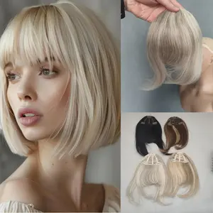 NEW Arrivals Hot Sell 1pc/pack real natural human hair pieces topper fringe/ 3D 3 anti-slip clips thick invisible hair bang clips hair extension with temples cover grey hair add volume 4 color availdaily change hair style accessory women gifts Halloween g