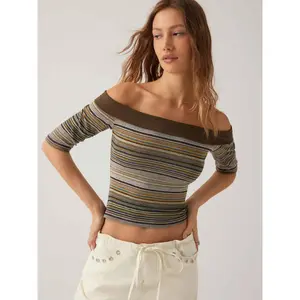 Cider Striped Off-shoulder Mid-length Sleeve Top