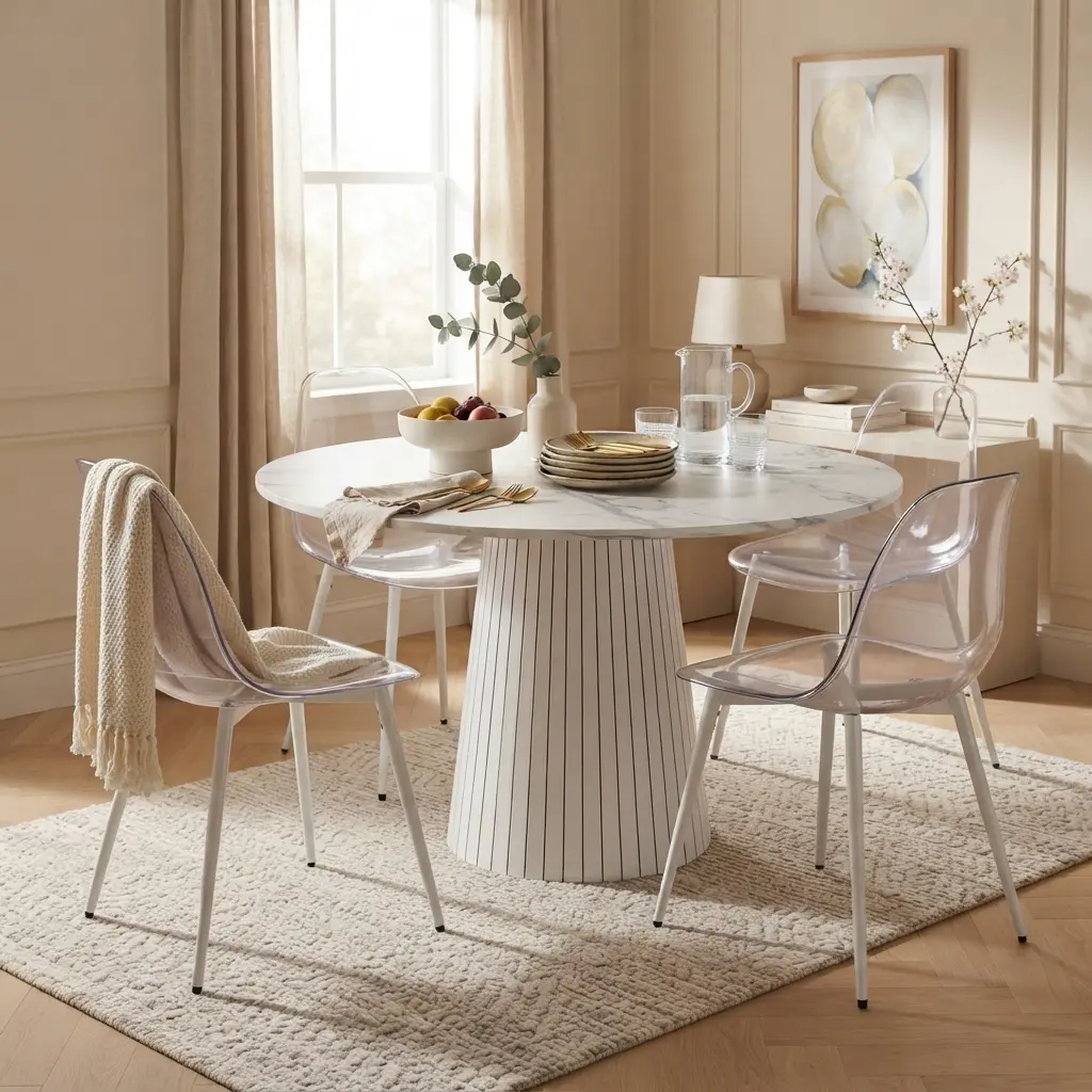 Boho 5-Piece Indoor Dining Table Set for 4 - 47-Inch Round White Marble Table & 4 Transparent Chairs, Durable Modern Farmhouse Kitchen Furniture, Adjustable, Includes Assembly Guide & Fire Safety Label