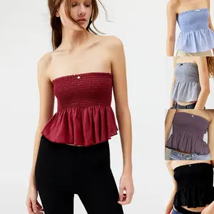 GGFL Women's Blue & White Stripe Smocked Tube Top, Strapless Ruffle Hem Peplum Crop Top for Summer.Elegant Light Blue Stripe Smocked Strapless Top, Shirred Ruffle Hem Peplum Crop Top for Daily Wear