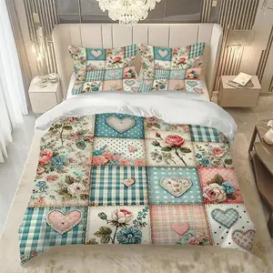 3pcs Vintage Patchwork Heart Floral Quilt Set, Soft, Includes 1 Quilt Cover + 2 Pillowcases, Home Decor Gift, Duvet Set