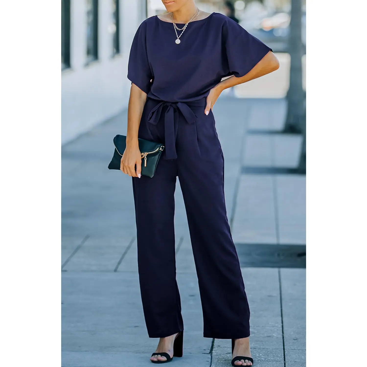Blue Oh So Glam Belted Wide Leg Jumpsuit