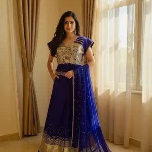 Fancy Georgette Zari Sequence Work Palazzo Blouse with Dupatta Royal Blue Color Women's Fashionable Dress