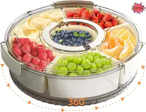 Lustroware Gourmet Palette Airtight 6-Compartment Round Serving Tray with Lid – Portable Snackle Platter & Charcuterie Organizer Box with Removable Dividers for Fruit, Vegetables, Snacks, Appetizers ware tubber 8-piece set meal prep containers plate