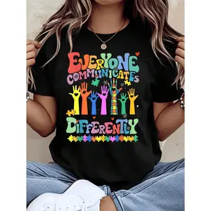 Everyone Communicates Differently Autism Awareness T-Shirt, Colorful Hands Puzzle Pieces Design For Autism Support And Inclusion Awareness Campaigns And Everyday Wear,Pure Cotton Unisex Tee