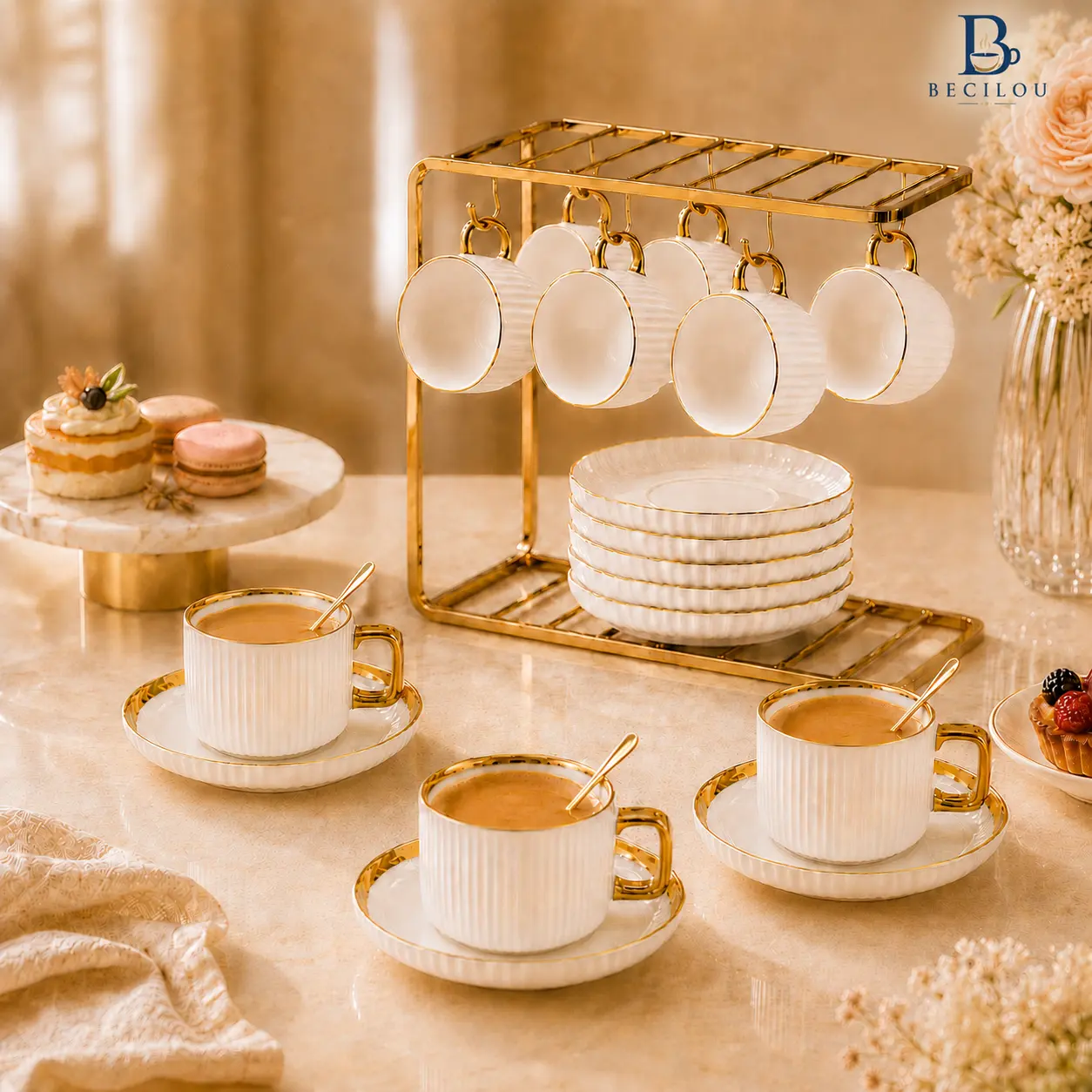 BECILOU Luxury Ceramic Coffee Cup Set with Gold Rack, 6-Piece Coffee & Saucer Set for Elegant Home & Afternoon Tea
