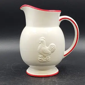 Four’s Gift Rooster Pitcher 9.5" White Ceramic Red Trim w Handle 2003 Farmhouse