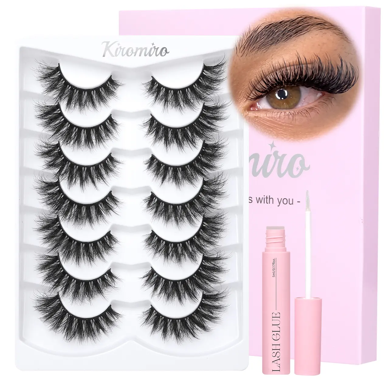 Kiromiro Cat Eye Lashes 18mm, Fluffy Wispy Lash Strips with Lash Glue, Faux Mink False Eyelashes with Thin Band, Cat Eye Style Lashes for Glam Makeup