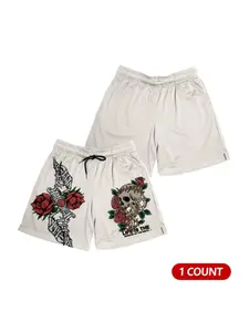 Men's Floral & Skull Print Drawstring Waist Mesh Shorts, Casual Loose Comfy Breathable Shorts for Daily Wear, Men's Bottoms for All Seasons