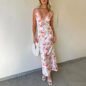 Women’s long vest dress with printed lace trim, deep V-neck sleeveless backless dress GARMENTARY