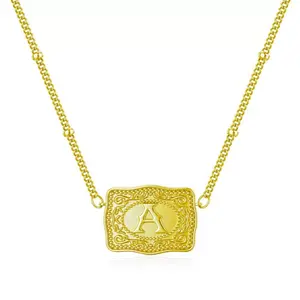 Unisex Personalized Initial Necklace with Embossed Belt Buckle - Fashionable Costume Jewelry Accessory for Daily Wear, Spring Glow-Up