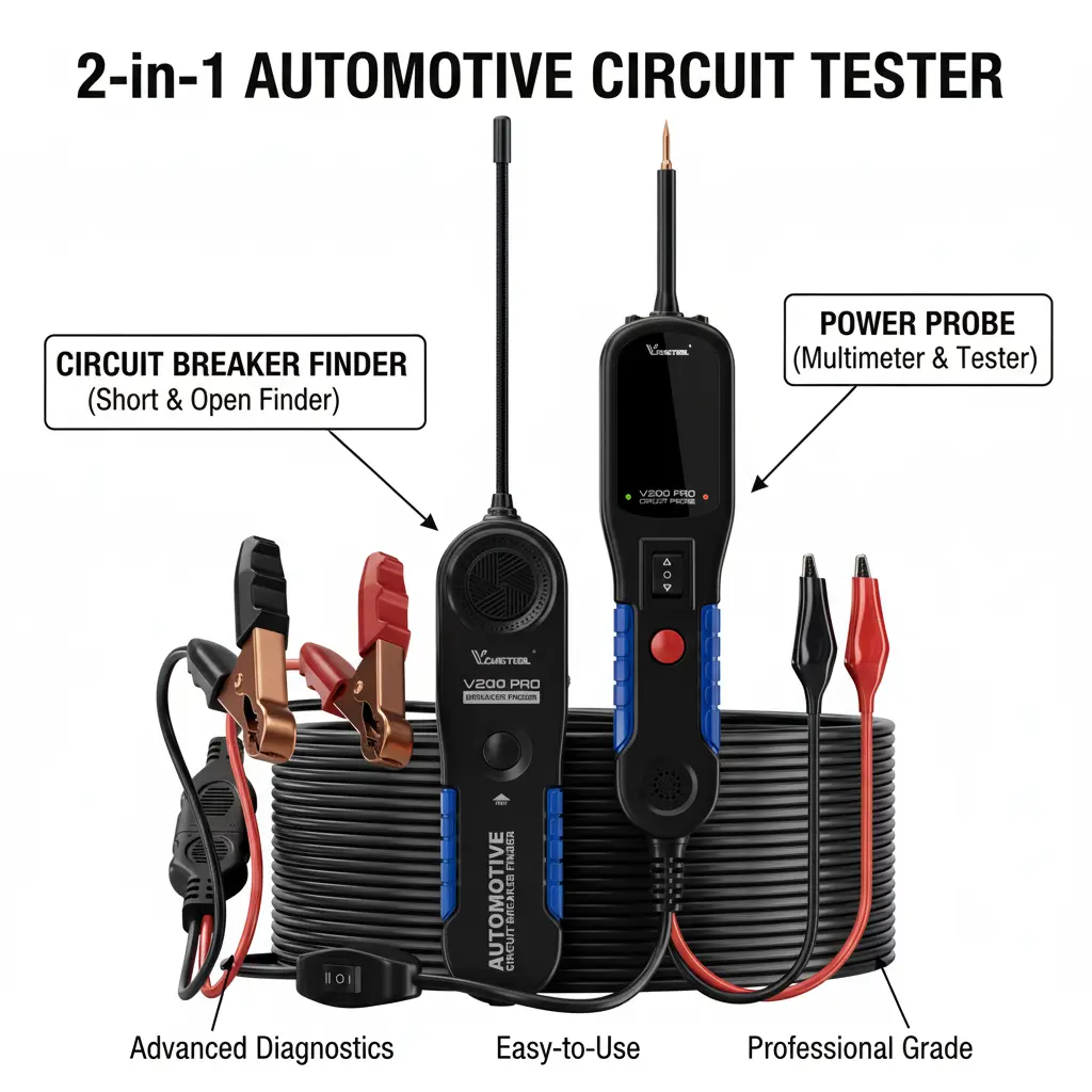 VDIAGTOOL V200Pro 2-in-1 Automotive Tester & Breaker Finder Tool Kit with 20ft Cord, 12/24V Open Short Tracer, AC/DC Relay Fuse Checker, 99% Voltage Diagnostic Tool for Car, SUV, Truck (Component Activation, Convenient Testing) Car Scanner Fixed