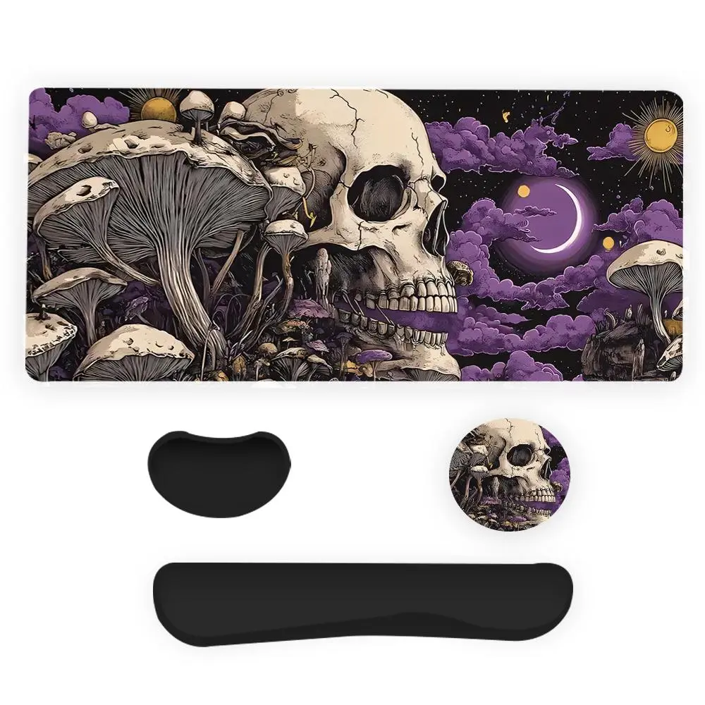 Skull & Mushroom Pattern Mouse Pad & Keyboard Wrist Rest & Coaster Set, Ergonomic Wrist Support, Mouse Pad With Wrist Rest, Waterproof Computer Mat, Suitable for Home Office Gaming, Desk Accessories, Mouse Pad And Keyboard Wrist Rest