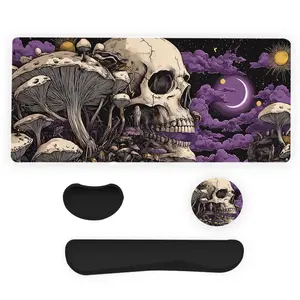 Skull & Mushroom Pattern Mouse Pad & Keyboard Wrist Rest & Coaster Set, Ergonomic Wrist Support, Waterproof Computer Mat, Suitable for Home Office Gaming, Desk Accessories